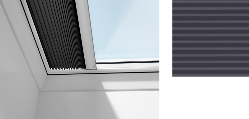 Flat roof blinds with metallic blue swatch